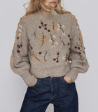 Round Neck Knit Beaded Floral Sweater