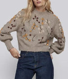 Round Neck Knit Beaded Floral Sweater