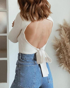 High Collar Bow Knot Backless Knit Sweater