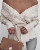 Knit Off Shoulder V-neck Drawstring Sweater