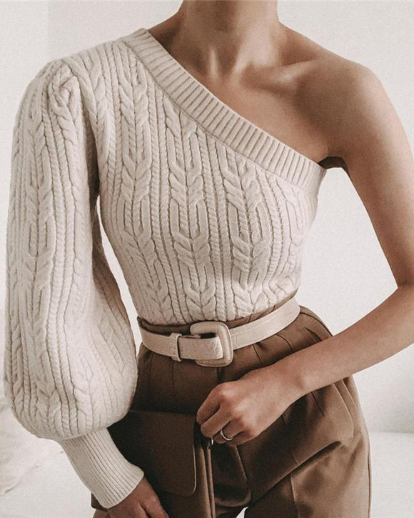 Vintage Lantern Sleeve One Shoulder Sweater